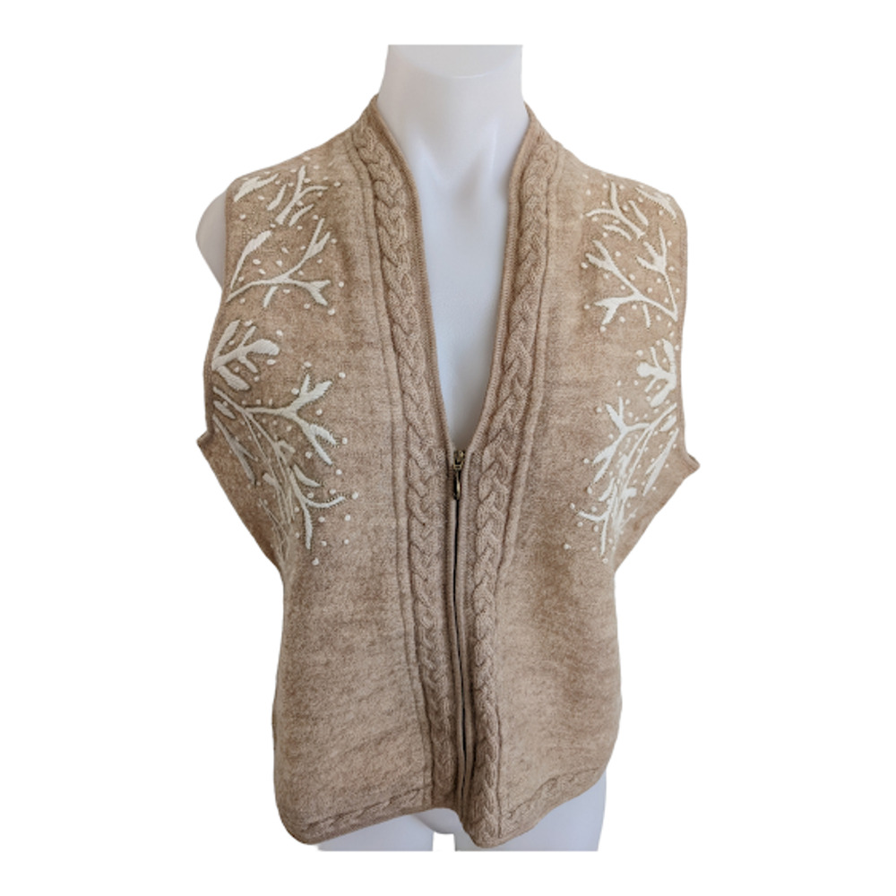 Coldwater Creek Size Medium Embroidered Breaded Vest Tan 100% Wool Full Zip